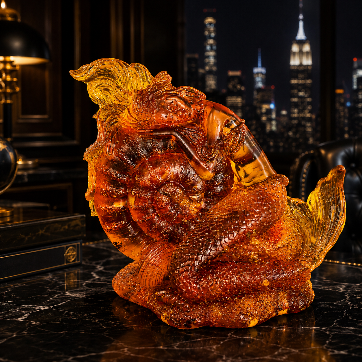 KIZIMA® amber mermaid with shell figurine — genuine Baltic amber decor, handmade in USA, angled view