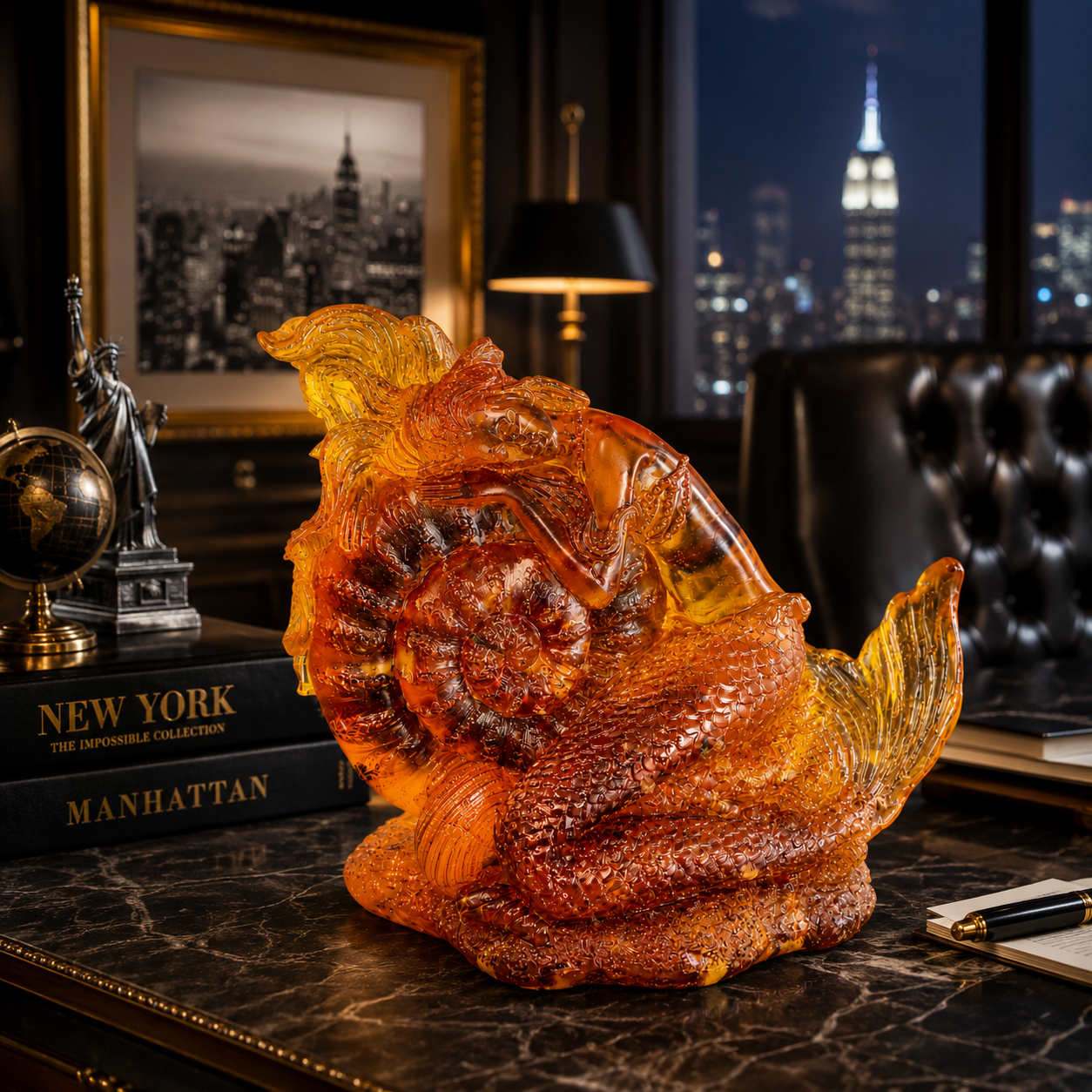 Baltic amber mermaid with shell statue by KIZIMA® — genuine amber gift, made in USA, close-up