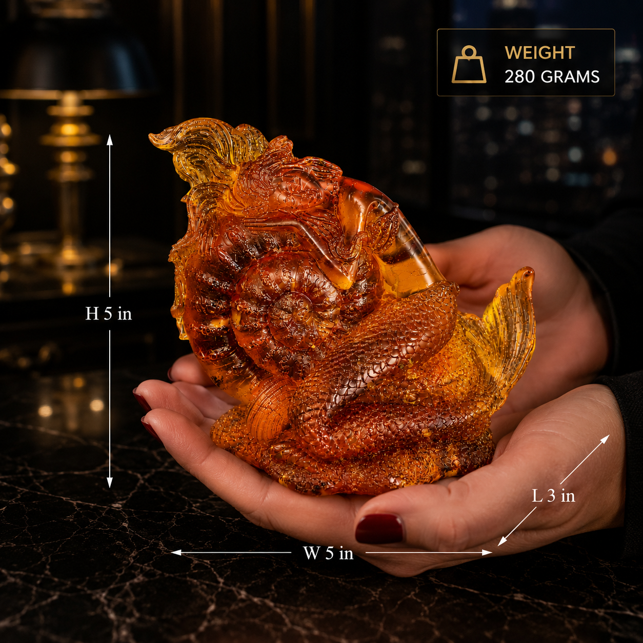 KIZIMA® handmade amber mermaid with shell figurine — natural Baltic amber decor, USA, detail