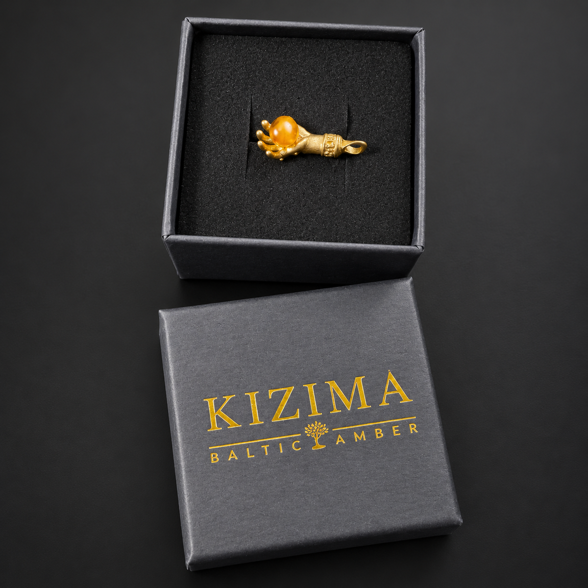 Made in USA Natural Baltic Amber money hand amulet by KIZIMA® in its dark KIZIMA® gift box