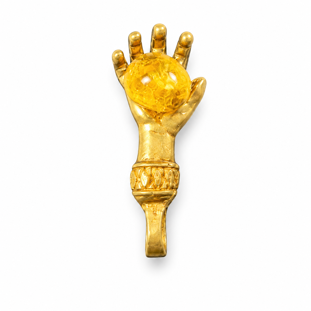 Made in USA Natural Baltic Amber money hand amulet by KIZIMA®, gold-tone metal hand with amber on white