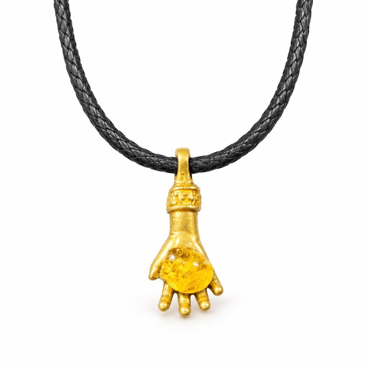 Made in USA Natural Baltic Amber money hand pendant on cord by KIZIMA®, gold-tone metal hand with yellow amber on white