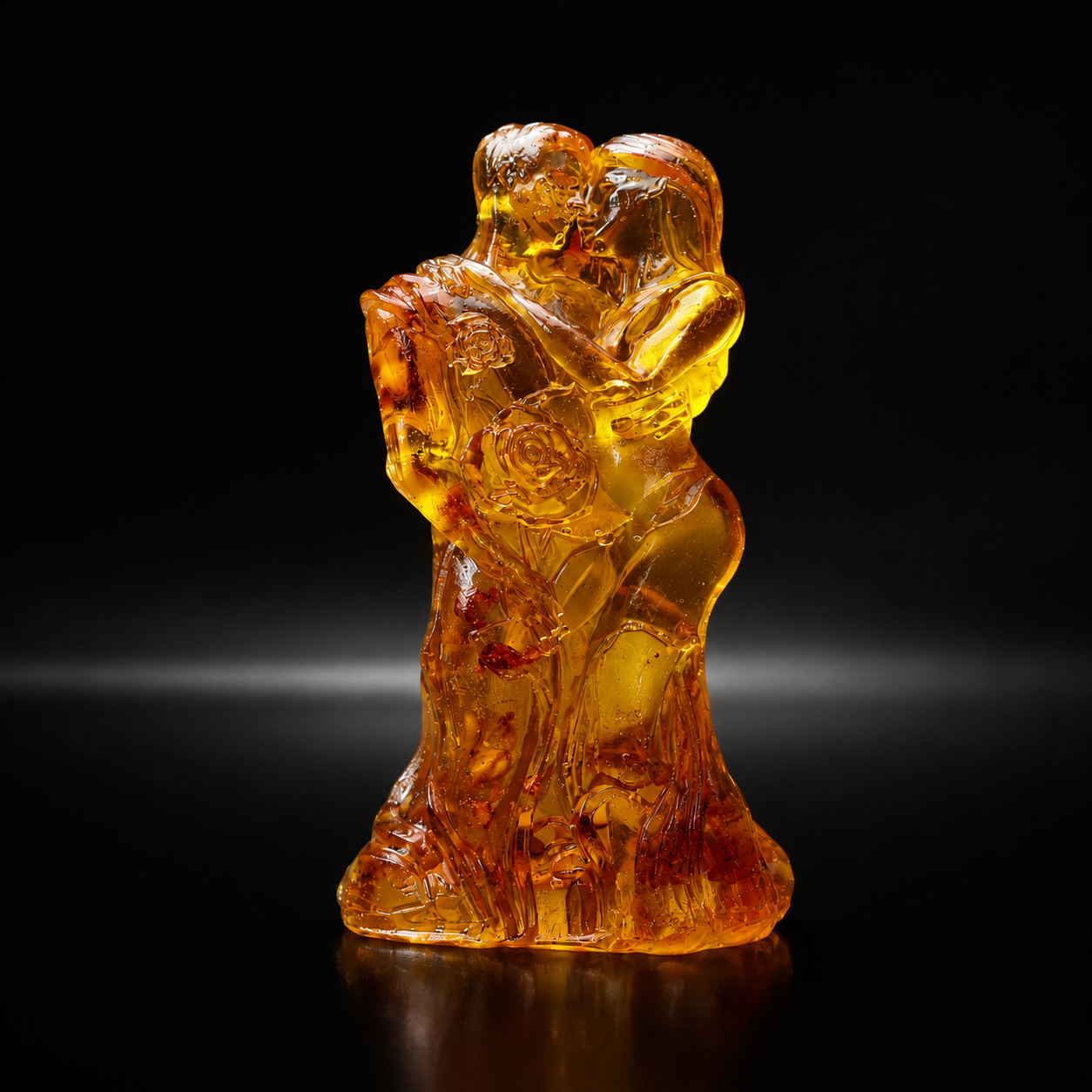 Natural Baltic amber bride and groom statue, side view showing dress and bouquet detail