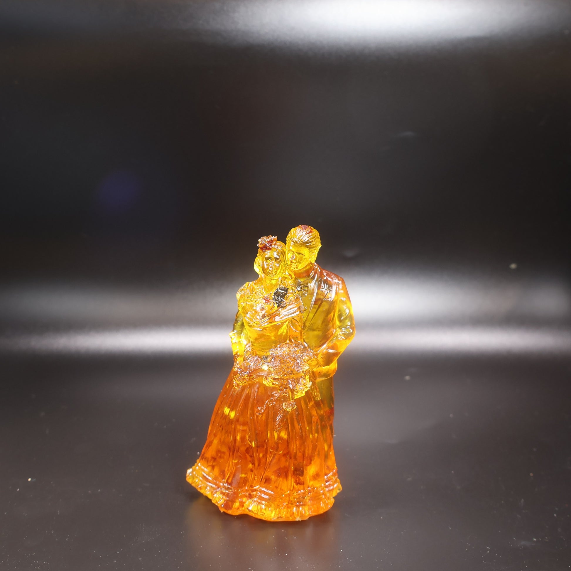 Natural amber wedding couple statue, translucent golden sculpture, one of a kind gift