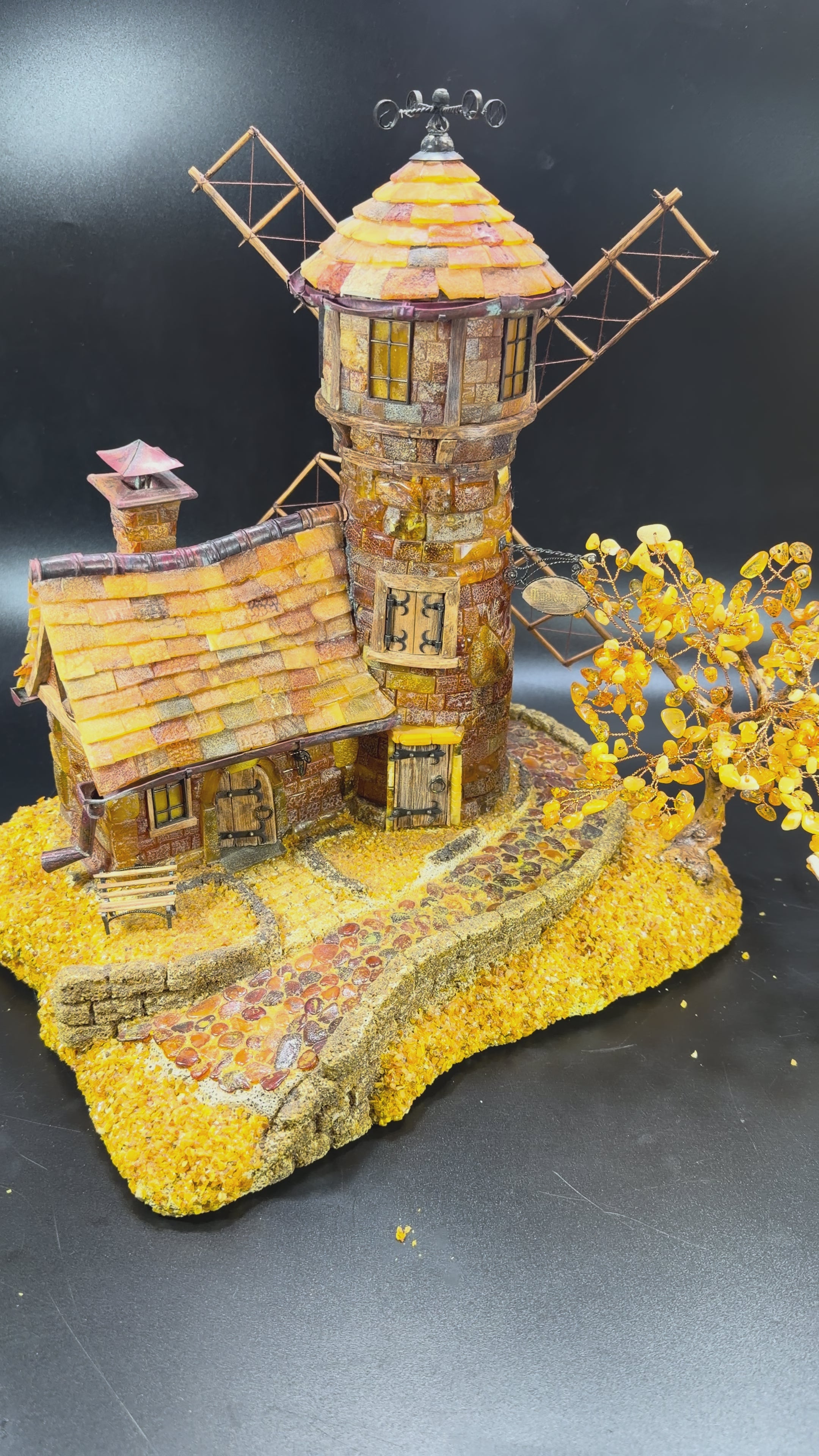 Load video: KIZIMA® Made in USA — Baltic Amber Königsberg Mühlenberg Mill Statue 12" | Handmade in New York | Luxury Corporate Gift, Housewarming &amp; Rare Amber Collectible