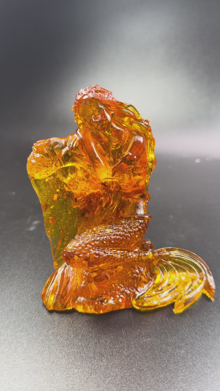 Load video: Made in USA Natural Baltic Amber Mermaid Figurine Sea Wave KIZIMA®