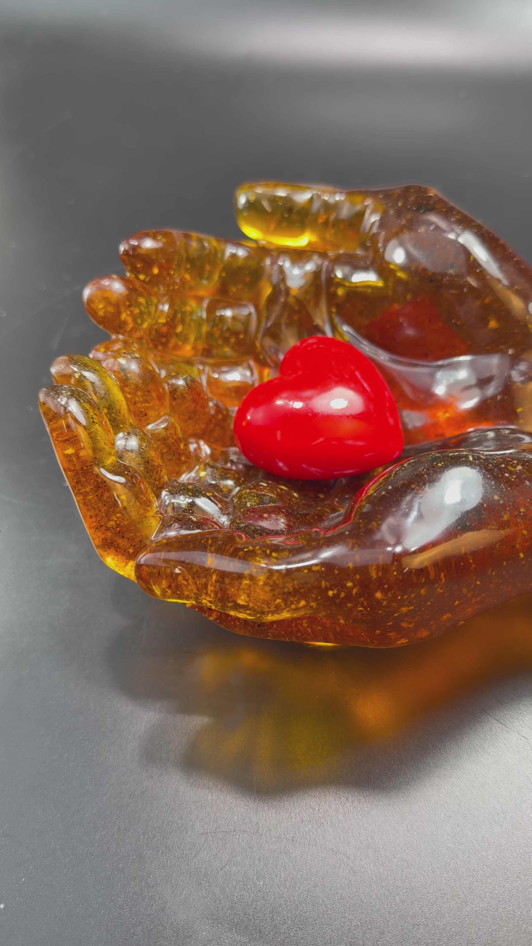 Load video: Amber Hands of Love Bowl Baltic Amber Wedding and Anniversary Gift Ring Holder