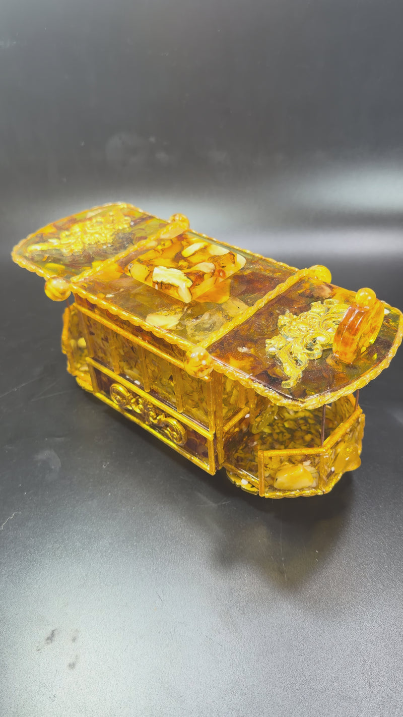 Product video of Made in USA Natural Baltic Amber vintage tram jewelry box handcrafted by KIZIMA in Brooklyn New York