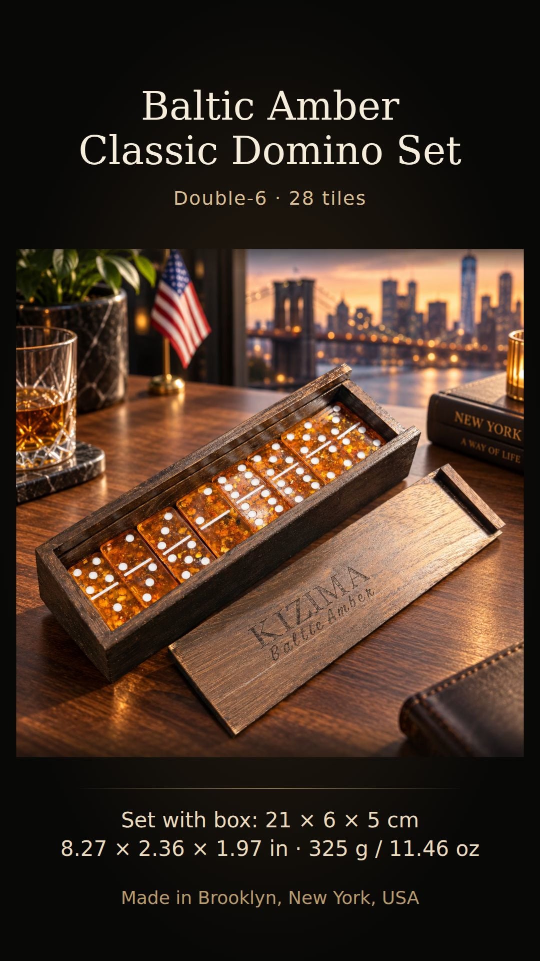 Load video: KIZIMA Classic Baltic Amber Double-6 Domino Set, 28 tiles. Set with box: 21 x 6 x 5 cm, 325 g. Made in Brooklyn, New York, USA. 10-second product video.