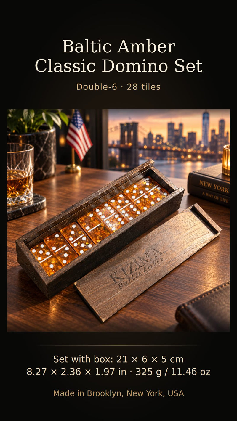 KIZIMA Classic Baltic Amber Double-6 Domino Set, 28 tiles. Set with box: 21 x 6 x 5 cm, 325 g. Made in Brooklyn, New York, USA. 10-second product video.