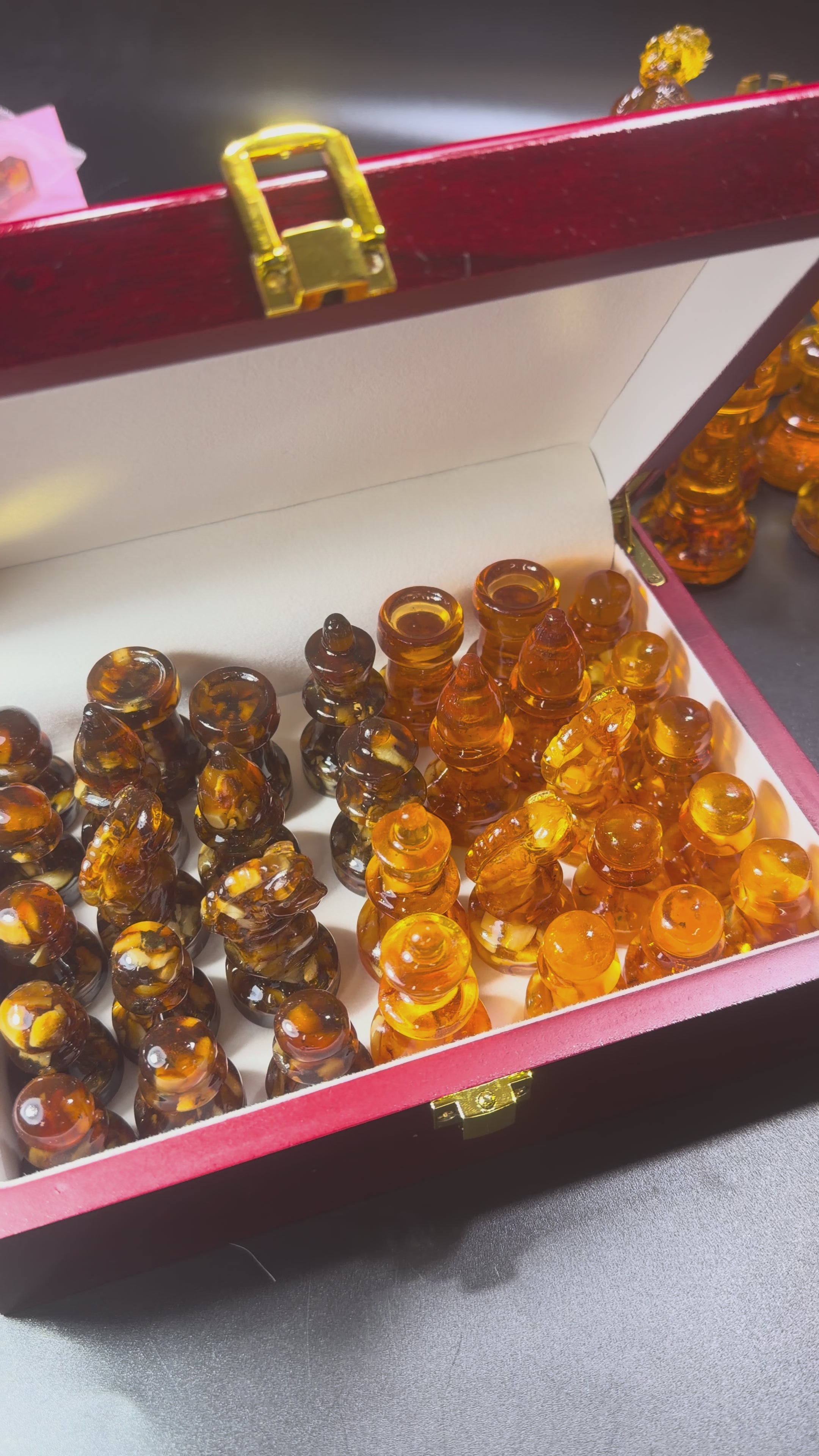 Load video: Luxury Baltic Amber Chess Pieces — Made in USA | KIZIMA®