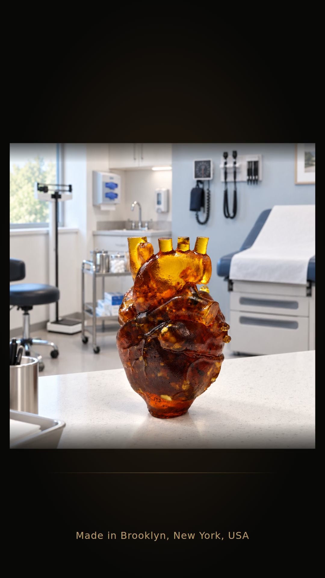 Load video: Baltic Amber Anatomical Heart — 10 x 5 x 5 cm, 135 g. Made in Brooklyn, New York, USA. 10-second product video.