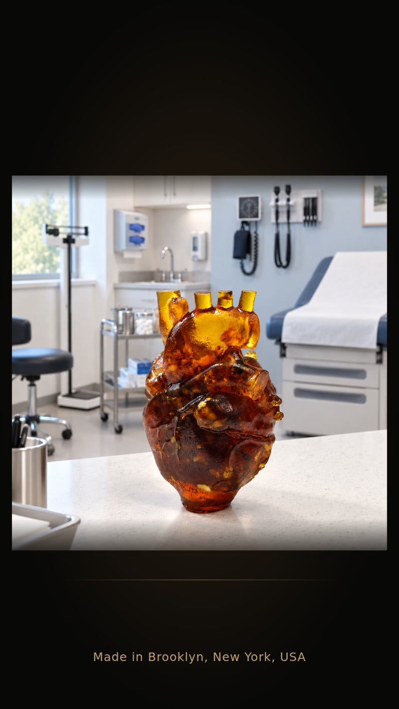 Baltic Amber Anatomical Heart — 10 x 5 x 5 cm, 135 g. Made in Brooklyn, New York, USA. 10-second product video.