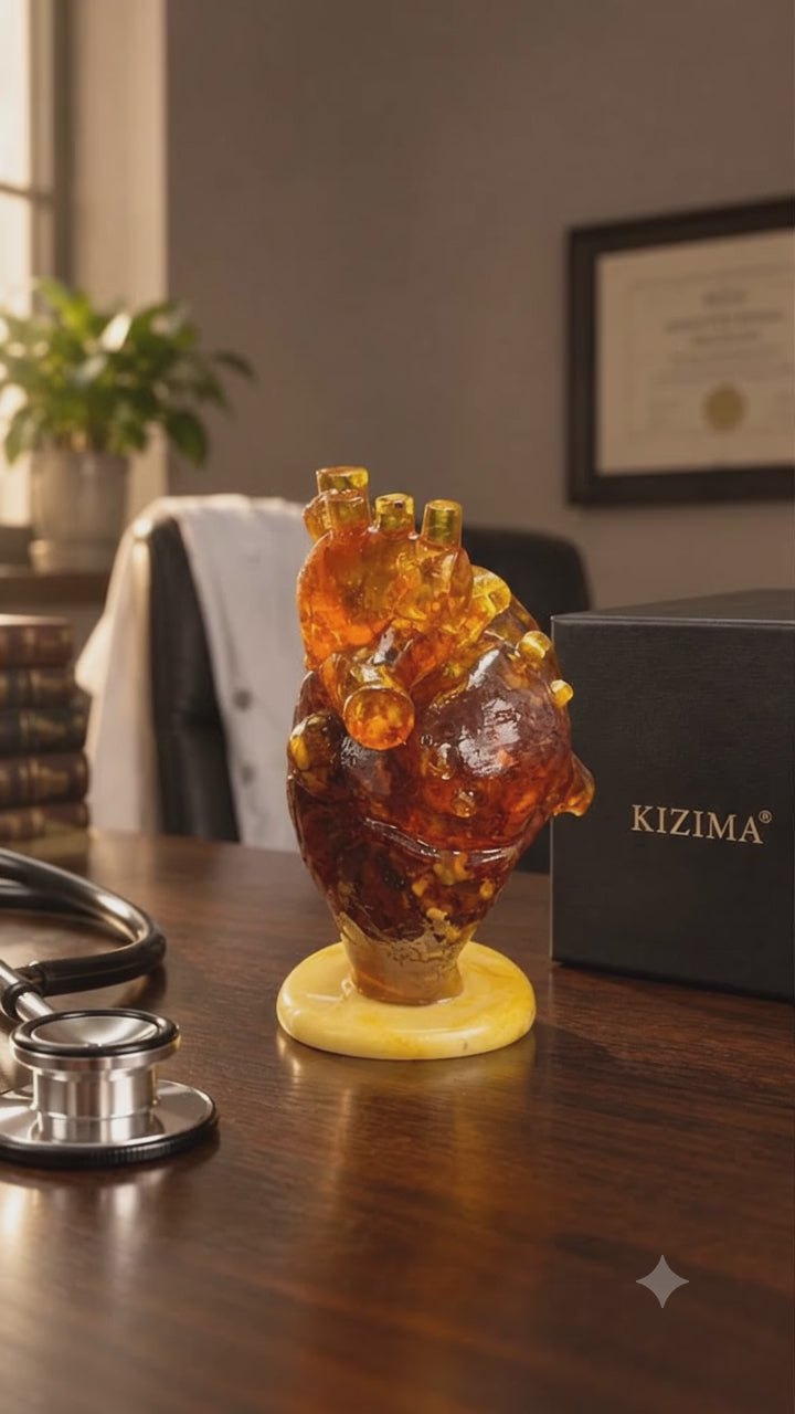 Load video: Made in USA Natural Baltic Amber Anatomical Heart Sculpture, Doctors' Day, Nurses Week, White Coat &amp; Graduation Gift for Surgeons &amp; Nurses — KIZIMA®