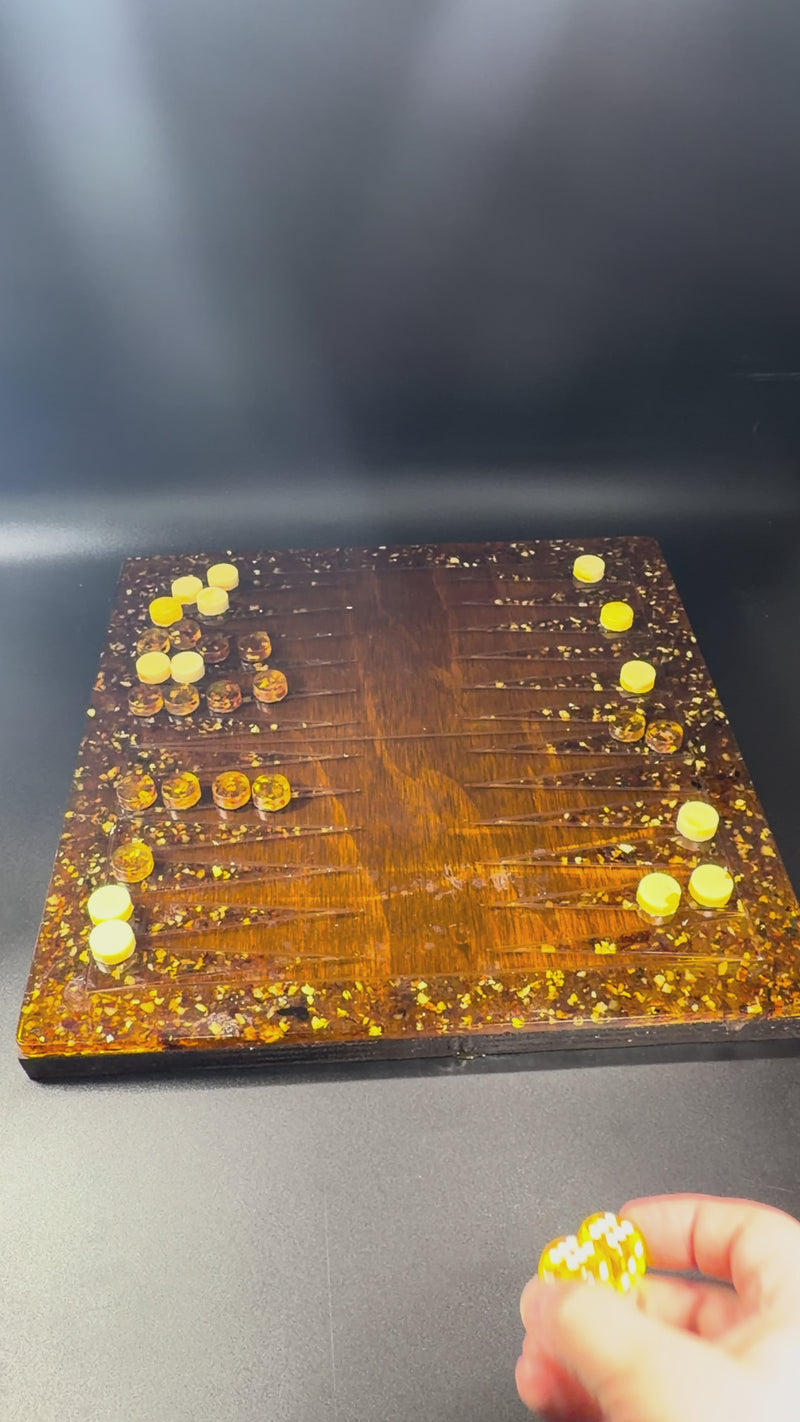 Handmade Baltic amber backgammon board close-up video showing amber checkers