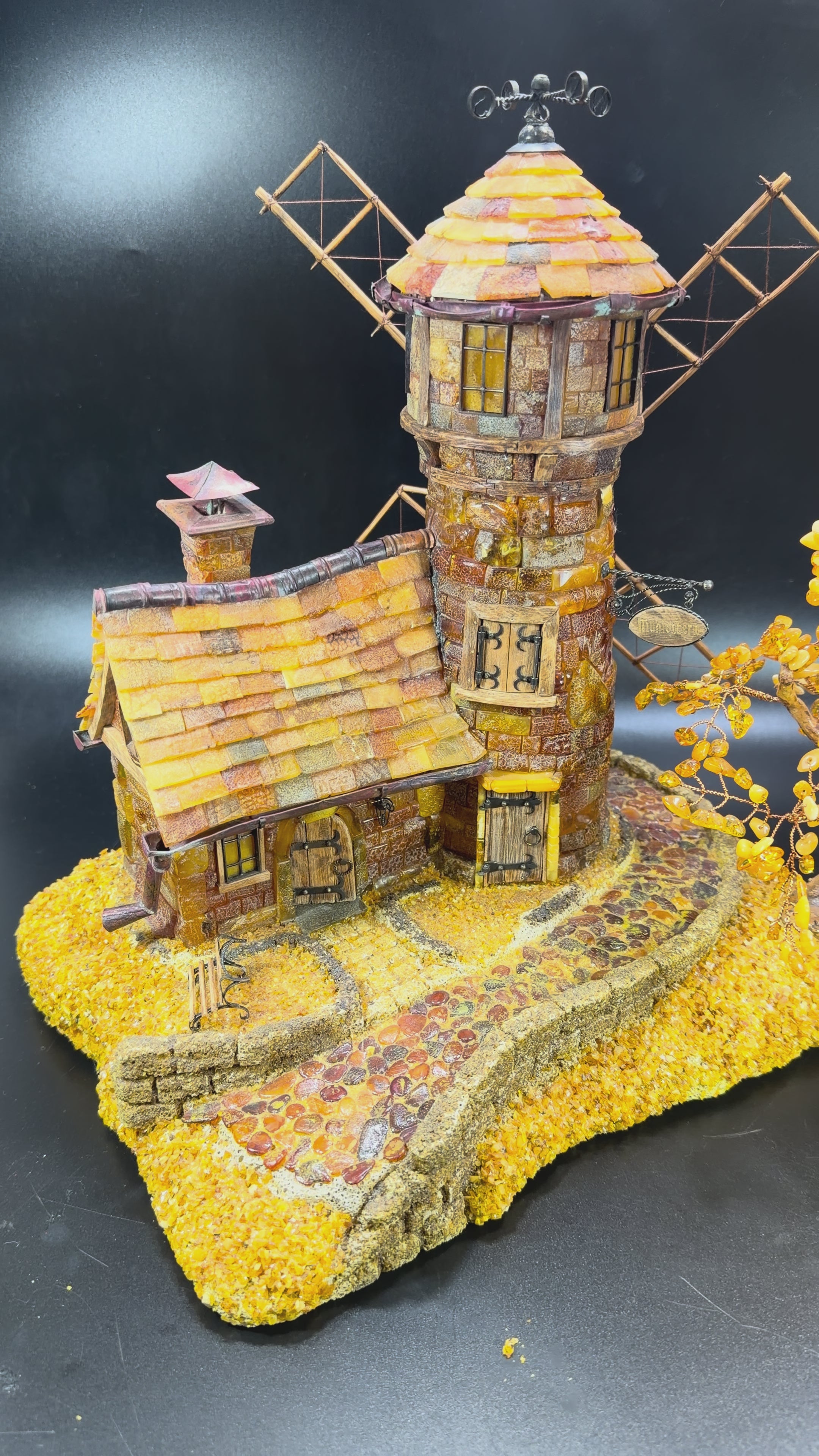Load video: KIZIMA® Made in USA — Baltic Amber Königsberg Mühlenberg Mill Statue 12" | Handmade in New York | Luxury Corporate Gift, Housewarming &amp; Rare Amber Collectible