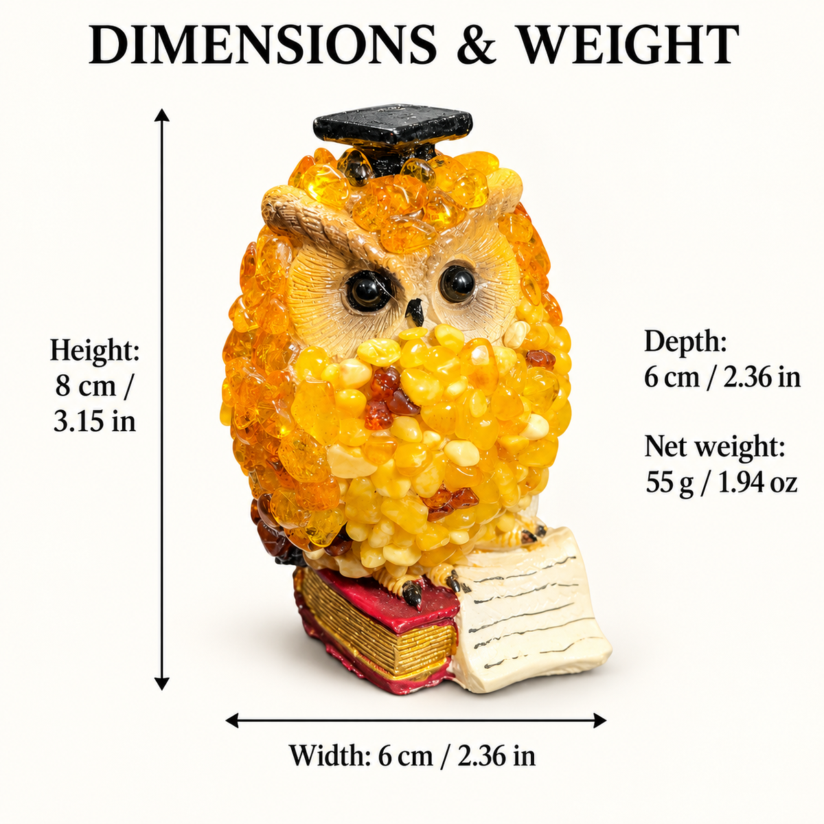 Scholar owl dimensions: 8 cm tall, 6 cm wide, 6 cm deep; net weight 55 g