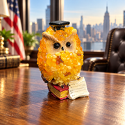 Made in USA natural Baltic amber scholar owl in a graduation cap with a book and scroll, on an oak desk in a Manhattan office.