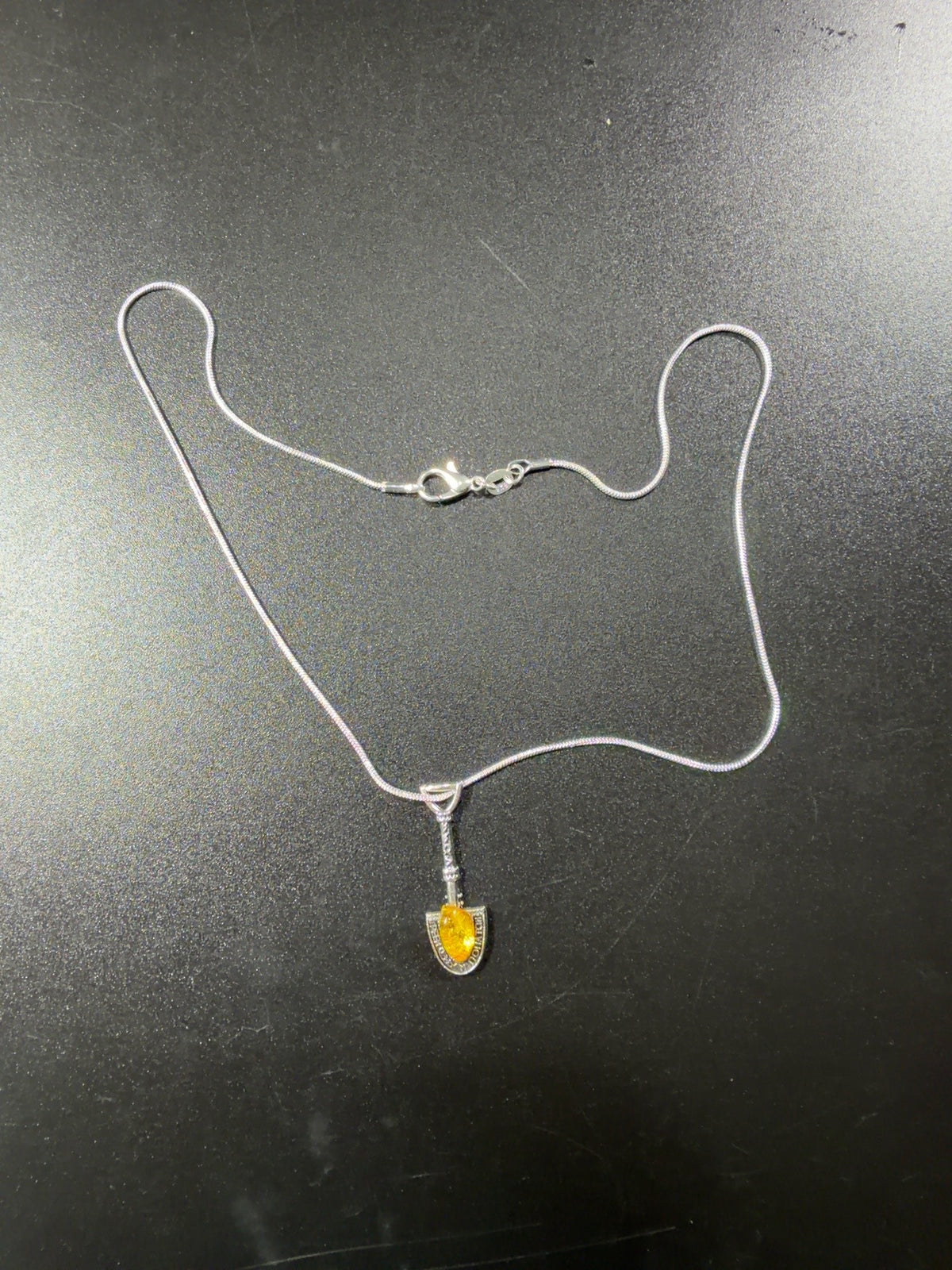 Made in USA Natural Baltic Amber silver money shovel necklace by KIZIMA® with Russian good-luck inscription on a 40 cm 925 sterling silver chain